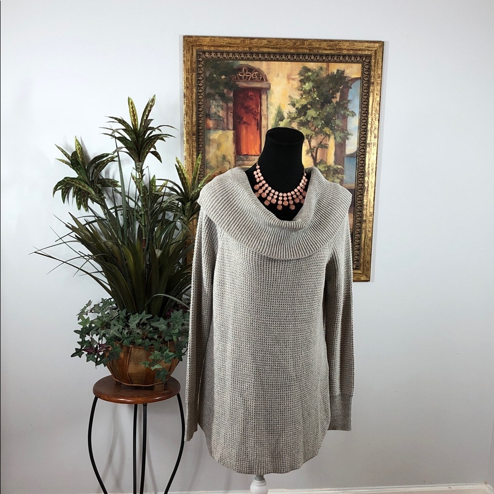 Alya Women Size Large Tunic Elegant Gray Cowl Neck Knit Sweater Long Sleeve